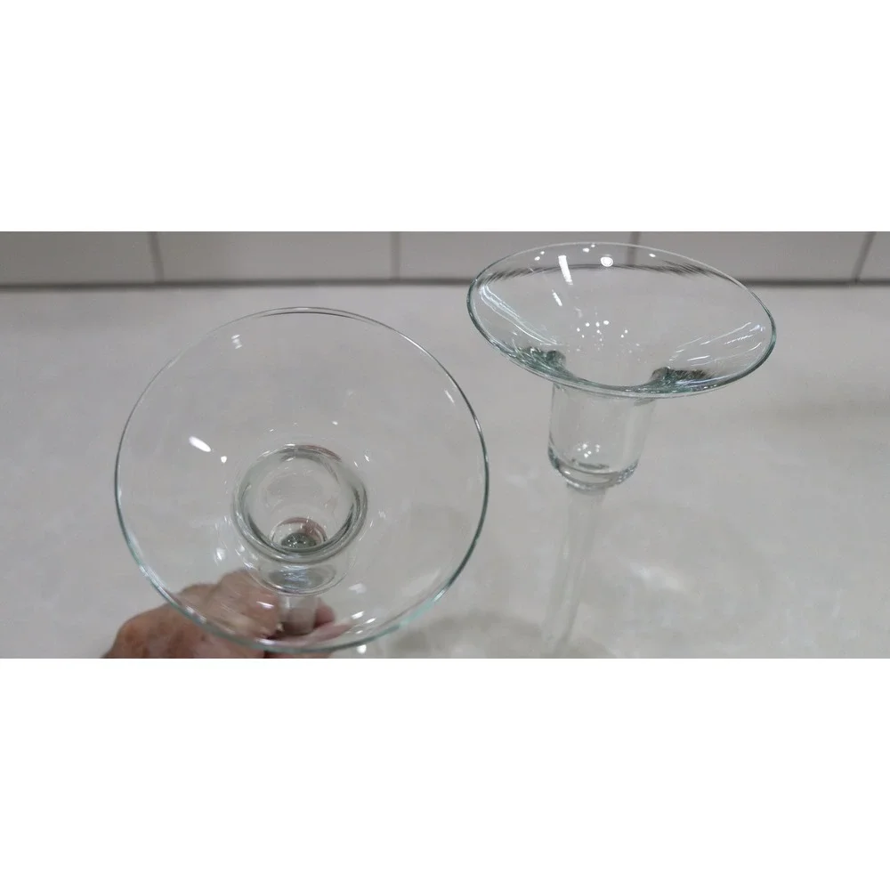 Pair Clear Hand Blown Glass Taper Candlestick Holders 6.75